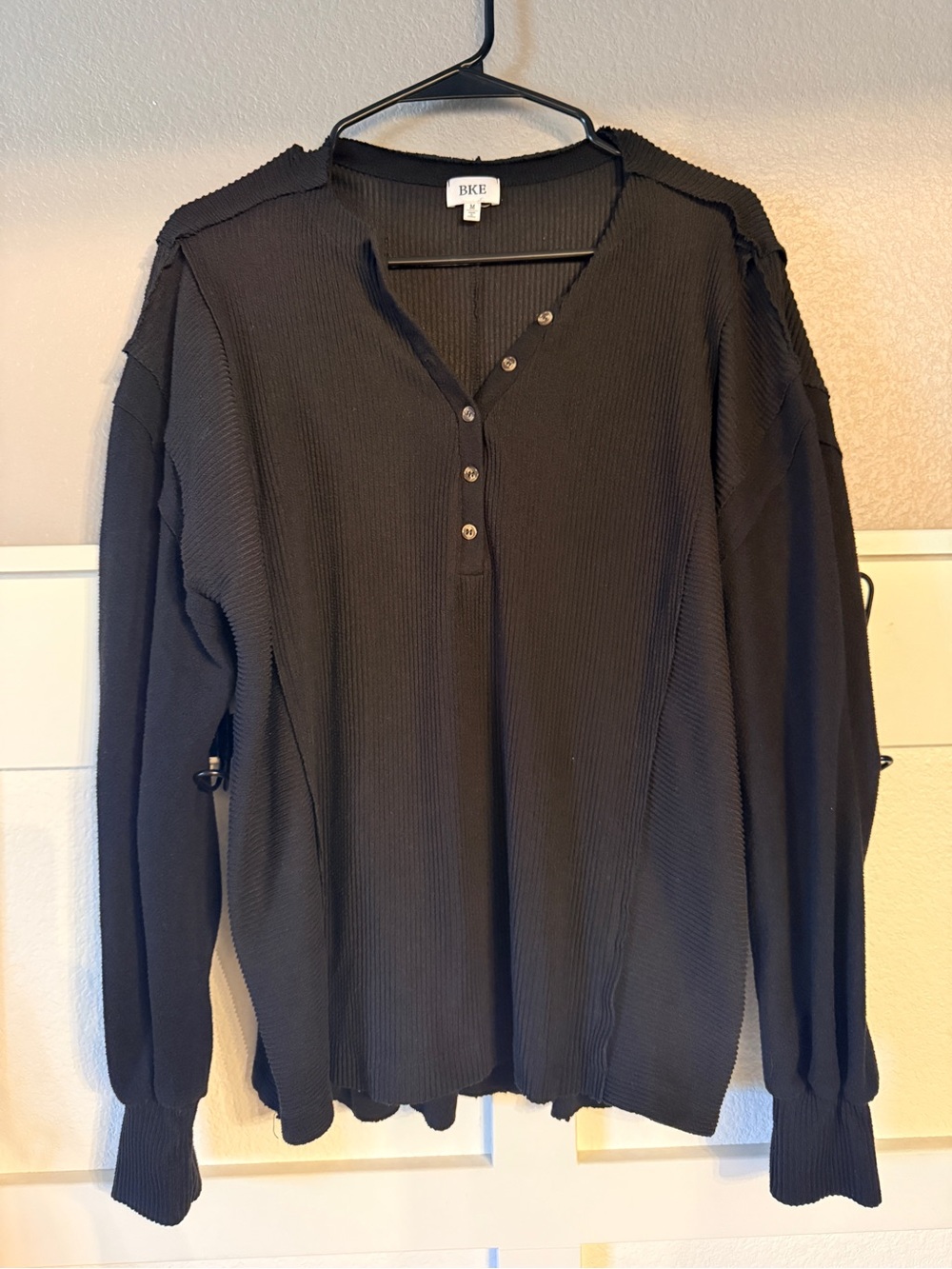 BKE Black Ribbed Henley Sweater Women’s Medium Oversized Long Sleeve Top
